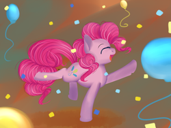 Size: 1024x768 | Tagged: safe, artist:chibimlp-lover, pinkie pie, earth pony, pony, g4, balloon, confetti, cute, diapinkes, female, mare, open mouth, profile, solo