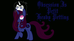 Size: 1920x1080 | Tagged: safe, artist:thelordofdust, oc, oc only, oc:maneia, oc:nocturna, pony, unicorn, animated, black background, blackletter, collar, cte, duo, fake cutie mark, frown, gif, leash, looking down, looking up, no pupils, obsession is magic, petting, ponies riding ponies, pony hat, raised hoof, riding, simple background