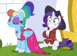 Size: 676x488 | Tagged: safe, screencap, rainbow dash, rarity, pegasus, pony, unicorn, g4, sparkle's seven, animated, clapping, clothes, cropped, detective rarity, discovery family logo, duo, ear piercing, earring, eyes closed, eyeshadow, fedora, female, jewelry, loop, makeup, mare, megaradash, piercing, sadism, smiling, trenchcoat
