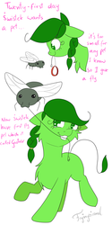 Size: 3000x6000 | Tagged: safe, artist:fajnyziomal, oc, oc only, oc:świstek, fly, plant pony, pony, comic:świstek, cheek fluff, collar, comic, curly eyelashes, leash, mouth hold, pet, solo