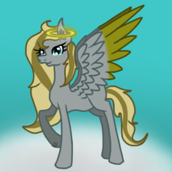 Size: 768x768 | Tagged: safe, artist:commandereclipse, oc, oc only, oc:golden clouds, angel, angel pony, original species, pegasus, pony, cloud, female, halo, mare, raised hoof, sky, solo