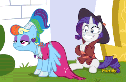 Size: 745x488 | Tagged: safe, screencap, rainbow dash, rarity, pegasus, pony, unicorn, g4, season 9, sparkle's seven, alternate clothes, alternate hairstyle, and then there's rarity, animated, clapping, clothes, detective rarity, discovery family logo, fedora, female, hat, lidded eyes, loop, megaradash, rainbow dash is not amused, sadism, smiling, trenchcoat, unamused, varying degrees of amusement