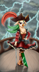 Size: 1080x1980 | Tagged: safe, artist:shamziwhite, captain celaeno, avian, parrot pirates, anthro, g4, my little pony: the movie, breasts, chromatic aberration, clothes, ear piercing, earring, fanart, female, hat, jewelry, looking at you, one leg, piercing, pirate, pirate hat, sexy, skirt, solo, stupid sexy celaeno