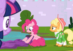 Size: 490x343 | Tagged: safe, screencap, applejack, pinkie pie, twilight sparkle, alicorn, earth pony, pony, g4, sparkle's seven, animated, apple chord, blowing, blowing up balloons, cropped, derp, discovery family logo, female, gif, hot air balloon, inflating, mare, pinkie being pinkie, pinkie physics, twilight sparkle (alicorn), twinkling balloon