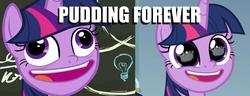 Size: 925x356 | Tagged: safe, edit, edited screencap, editor:pony-berserker, screencap, twilight sparkle, alicorn, pony, best gift ever, sparkle's seven, caption, chalkboard, comparison, cropped, crown, eye reflection, faic, female, forever, hard-won helm of the sibling supreme, image macro, mare, paper crown, pudding face, pudding forever, reflection, text, twilight sparkle (alicorn), twilight sparkle is best facemaker