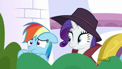 Size: 1280x720 | Tagged: safe, screencap, rainbow dash, rarity, pegasus, pony, unicorn, g4, sparkle's seven, alternate clothes, animated, bush, bushicorn, detective rarity, discovery family logo, duo, female, hat, noblewoman's laugh, out of context, shipping fuel, sound, webm, zip lines