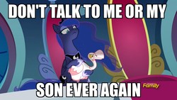 Size: 1920x1080 | Tagged: safe, edit, edited screencap, screencap, princess luna, alicorn, bird, goose, pony, g4, sparkle's seven, animal, caption, don't talk to me or my son ever again, duo, ethereal mane, female, image macro, lidded eyes, luna petting goose, mare, meme, starry mane, text, throne