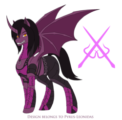 Size: 1790x1761 | Tagged: safe, artist:pyrus-leonidas, alicorn, bat pony, bat pony alicorn, pony, series:mortal kombat:defenders of equestria, armor, belt, boots, chains, clothes, crossover, curved horn, fangs, female, horn, mare, mileena, mortal kombat, pants, ponified, shoes, signature, simple background, solo, transparent background