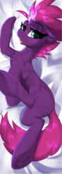 Size: 1506x4222 | Tagged: safe, artist:rileyisherehide, tempest shadow, pony, unicorn, g4, blushing, body pillow, body pillow design, broken horn, eye scar, female, floppy ears, glowing horn, horn, looking at you, mare, obtrusive watermark, patreon, patreon logo, scar, solo, watermark