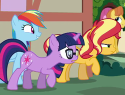 Size: 637x485 | Tagged: safe, screencap, rainbow dash, sci-twi, sunset shimmer, twilight sparkle, warm front, pony, unicorn, equestria girls, equestria girls specials, g4, my little pony equestria girls: better together, my little pony equestria girls: spring breakdown, cropped, equestria girls ponified, female, glasses, human pony dash, ponified, unicorn sci-twi