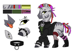 Size: 3000x2000 | Tagged: safe, artist:selma-schefer, oc, oc only, oc:primal sound, pony, zebra, belt, boots, clothes, collar, ear piercing, earring, eyebrow piercing, female, fishnet stockings, high res, jacket, jewelry, leather jacket, mohawk, nose piercing, nose ring, open mouth, piercing, punk, reference sheet, shirt, shoes, simple background, socks, solo, spiked wristband, stockings, striped socks, t-shirt, thigh highs, tongue out, tongue piercing, white background, wristband