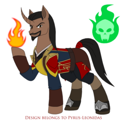 Size: 1588x1532 | Tagged: safe, artist:pyrus-leonidas, pony, unicorn, series:mortal kombat:defenders of equestria, beard, boots, clothes, crossover, curved horn, facial hair, fire, goatee, horn, male, mortal kombat, pants, ponified, raised hoof, shang tsung, shoes, signature, simple background, skull, solo, stallion, tail wrap, transparent background