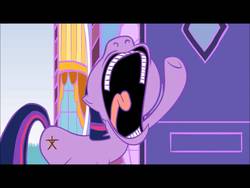 Size: 960x720 | Tagged: safe, artist:hotdiggedydemon, twilight sparkle, pony, unicorn, .mov, dress.mov, g4, funny, get your fat ass out here, knocking on door, mouth wide open, unicorn twilight