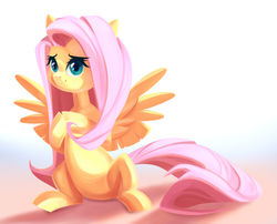 Size: 1280x1035 | Tagged: safe, artist:sevedie, fluttershy, pegasus, pony, g4, female, hooves together, looking at you, mare, sitting, smiling, solo, spread wings, three quarter view, wings
