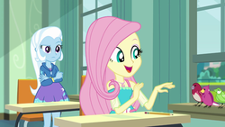Size: 1280x720 | Tagged: safe, screencap, fluttershy, trixie, a little birdie told me, equestria girls, g4, my little pony equestria girls: better together, female
