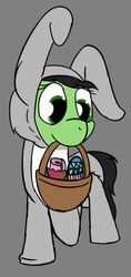 Size: 602x1280 | Tagged: safe, artist:prncsk, oc, oc:filly anon, pony, adoranon, adorkable, animal costume, animal onesie, basket, bunny costume, clothes, costume, cute, diaper, dork, easter, easter basket, easter bunny, easter egg, egg, female, filly, holiday, kigurumi, onesie, simple background, solo
