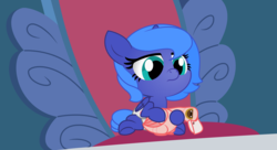 Size: 11000x6000 | Tagged: safe, artist:evilfrenzy, princess luna, alicorn, bird, goose, pony, g4, season 9, sparkle's seven, animal, baby, baby luna, baby pony, cute, duo, female, filly, filly luna, lidded eyes, luna petting goose, lunabetes, plushie, stroking, throne, woona, young, younger