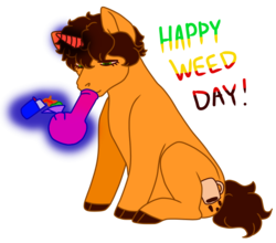 Size: 660x580 | Tagged: safe, artist:guidomista, oc, oc only, oc:triple shot, pony, unicorn, blaze it, bong, cafe, celebration, chubby, cloven hooves, coffee, curls, curly hair, curly mane, curly tail, cute, drugs, eyelashes, festive, fire, floating, high, holiday, hooves, horn, inappropriate use of magic, levitation, lighter, looking down, magic, male, marijuana, ponysona, pot, red eyes, short, sitting, smiling, smoking, solo, stallion, stoned, telekinesis