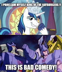 Size: 500x581 | Tagged: safe, edit, edited screencap, screencap, shining armor, pony, unicorn, g4, sparkle's seven, canterlot castle, clash of hasbro's titans, comparison, crown, cyclonus, discovery family logo, dork, galvatron, grin, hard-won helm of the sibling supreme, jewelry, lidded eyes, male, meme, paper crown, regalia, smiling, smug, solo, stallion, the transformers: the movie, this is bad comedy, throne room, transformers, transformers generation 1