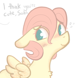 Size: 1280x1280 | Tagged: safe, artist:hippykat13, artist:sabokat, artist:tjpones edits, color edit, edit, editor:hippykat13, editor:sabokat, fluttershy, pegasus, pony, g4, adorascotch, blushing, bust, butterscotch, colored, cute, dialogue, floppy ears, male, modern art, offscreen character, portrait, rule 63, rule63betes, shyabetes, simple background, smiling, solo, white background, wings