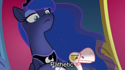 Size: 800x450 | Tagged: safe, edit, edited screencap, screencap, princess luna, alicorn, bird, goose, pony, g4, sparkle's seven, animal, caption, crown, duo, ethereal mane, female, frown, image macro, jewelry, just as planned, luna petting goose, male, mare, meme, pathetic, peytral, principal skinner, reaction image, regalia, simpsons did it, solo, starry mane, text, the simpsons