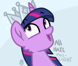 Size: 1126x953 | Tagged: safe, artist:rainbow eevee, twilight sparkle, pony, g4, season 9, sparkle's seven, crown, female, hard-won helm of the sibling supreme, jewelry, looking up, open mouth, paper crown, regalia, simple background, solo