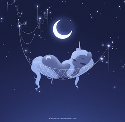 Size: 3219x3150 | Tagged: safe, artist:katputze, princess luna, pony, g4, crescent moon, cute, female, hammock, high res, lunabetes, mare, moon, night, s1 luna, sleeping, solo, tangible heavenly object, wingless