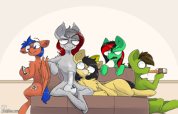 Size: 8000x5120 | Tagged: safe, artist:difis, oc, oc only, oc:radiant light, bat pony, earth pony, pegasus, pony, absurd resolution, alcohol, bong, bottle, bow, cellphone, chest fluff, couch, drugs, friends, hanging out, misleading thumbnail, phone, smartphone