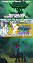Size: 884x1688 | Tagged: safe, edit, edited screencap, screencap, queen chrysalis, shining armor, star swirl the bearded, starlight glimmer, changeling, changeling queen, pony, unicorn, g4, sparkle's seven, the mean 6, to where and back again, chest, chrysalis' throne, comic, female, hilarious in hindsight, implied thorax, oops, screencap comic, text edit, theory, you dun goofed