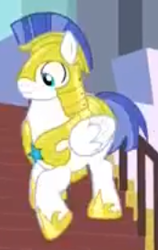 Size: 173x273 | Tagged: safe, screencap, pegasus, pony, g4, sparkle's seven, animation error, cropped, fat, male, pegasus royal guard, royal guard, royal guard armor, solo, staircase, stairs, stallion