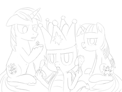 Size: 1600x1200 | Tagged: safe, artist:unsavorydom, shining armor, spike, twilight sparkle, alicorn, bird, chicken, dragon, pony, g4, sparkle's seven, crown, d20, drumstick, food, hard-won helm of the sibling supreme, jewelry, meat, monochrome, paper crown, regalia, scrunchy face, sitting, there was an attempt, twilight sparkle (alicorn), winged spike, wings, you tried