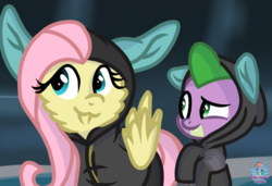 Size: 1476x1011 | Tagged: safe, artist:rainbow eevee, fluttershy, spike, dragon, pegasus, pony, g4, sparkle's seven, bunny ears, clothes, costume, dangerous mission outfit, female, goggles, hoodie, male, smiling, winged spike, wings