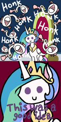 Size: 1500x3000 | Tagged: safe, artist:oneovertwo, princess celestia, alicorn, goose, pony, g4, sparkle's seven, animal, comic, sitting, this is fine, throne