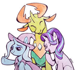 Size: 750x708 | Tagged: safe, artist:vampireselene13, starlight glimmer, thorax, trixie, changedling, changeling, pony, unicorn, g4, clothes, female, hat, king thorax, male, mare, simple background, transparent background, trio, trixie's hat