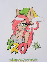 Size: 783x1020 | Tagged: safe, artist:xmistressecchicatx, oc, oc only, oc:shorty redd, anthro, 420, big breasts, breasts, cleavage, drugs, female, joint, marijuana, smoking, solo, traditional art
