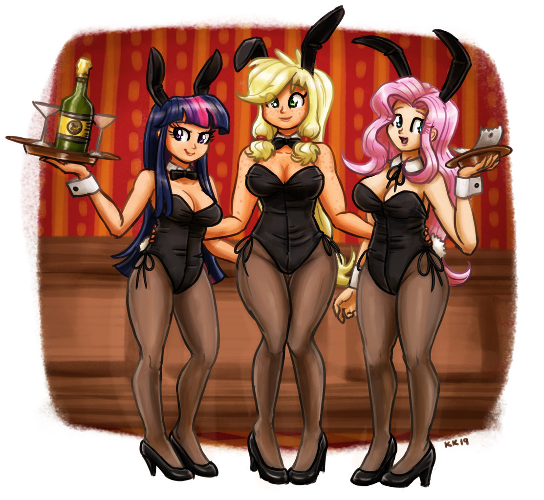 2018440 - suggestive, artist:king-kakapo, applejack, fluttershy, twilight  sparkle, human, g4, alcohol, big breasts, blue hair, bottle, breasts, bunny  suit, busty applejack, busty fluttershy, busty twilight sparkle, champagne,  cleavage, clothes ...