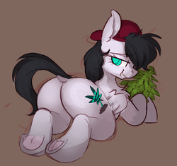 Size: 1975x1859 | Tagged: safe, artist:yoditax, oc, oc only, oc:sugar leaves, pegasus, pony, butt, chest fluff, dock, drugs, female, hat, looking at you, looking back, looking back at you, mare, marijuana, plot, raised tail, sexy, smiling, solo, tail, underhoof