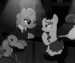 Size: 333x281 | Tagged: safe, screencap, betty hoof, marelene dietrot, earth pony, pony, g4, season 9, sparkle's seven, betty boop, black and white, bloomers, cropped, female, grayscale, mare, marlene dietrich, monochrome, ponies sitting next to each other