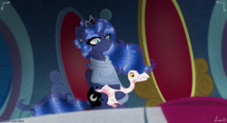 Size: 3500x1900 | Tagged: safe, artist:darkest-lunar-flower, princess luna, alicorn, bird, goose, pony, g4, sparkle's seven, animal, clothes, cute, duo, ethereal mane, female, jewelry, lidded eyes, luna petting goose, mare, necklace, petting, sitting, sweater, throne