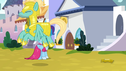 Size: 1850x1041 | Tagged: safe, screencap, rainbow dash, zephyr breeze, pegasus, pony, g4, sparkle's seven, clothes, dress, eyes closed, female, flapping, flapping wings, jumping, male, man bun, mare, megaradash, rainbow dash always dresses in style, royal guard, royal guard armor, royal guard zephyr breeze, stallion, updo