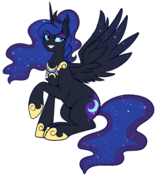 Size: 759x855 | Tagged: safe, artist:lulubell, nightmare moon, pony, champion au, g4, alternate hairstyle, alternate universe, female, grin, hoof shoes, jewelry, regalia, simple background, smiling, solo, transparent background
