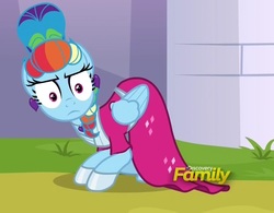 Size: 846x659 | Tagged: safe, screencap, rainbow dash, pegasus, pony, g4, sparkle's seven, alternate hairstyle, clothes, cropped, discovery family logo, dress, female, mare, megaradash, rainbow dash is not amused, solo, this will end in pain, unamused, updo
