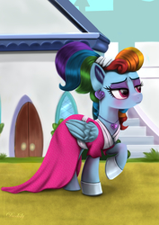 Size: 4250x6000 | Tagged: safe, artist:darksly, rainbow dash, pegasus, pony, g4, sparkle's seven, absurd resolution, alternate hairstyle, blushing, clothes, dress, ear piercing, earring, eyeshadow, female, jewelry, makeup, megaradash, necklace, outdoors, piercing, raised hoof, shoes, solo