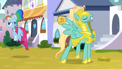 Size: 1850x1041 | Tagged: safe, screencap, rainbow dash, zephyr breeze, pegasus, pony, g4, sparkle's seven, annoyed, clothes, dress, female, flying, flying away, leaving, male, man bun, mare, megaradash, open mouth, proud, raised hoof, royal guard, royal guard armor, royal guard zephyr breeze, smiling, spread wings, stallion, teeth, updo, wings, wings raised