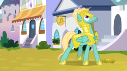 Size: 1850x1041 | Tagged: safe, screencap, zephyr breeze, pegasus, pony, g4, sparkle's seven, alone, discovery family logo, folded wings, looking up, male, man bun, royal guard, royal guard armor, royal guard zephyr breeze, solo, stallion, updo
