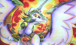 Size: 1000x600 | Tagged: safe, artist:halcon24, daybreaker, pony, g4, female, signature, solo, spread wings, traditional art, wings