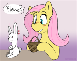 Size: 786x620 | Tagged: safe, artist:fuzzypones, angel bunny, fluttershy, pony, rabbit, g4, basket, blushing, cross-popping veins, cute, dialogue, duo, easter, gradient background, holiday, one word, please, shyabetes, speech bubble