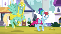 Size: 1920x1080 | Tagged: safe, screencap, rainbow dash, zephyr breeze, pegasus, pony, g4, sparkle's seven, alternate hairstyle, animated, armor, canterlot, clothes, cute, dancing, dashabetes, discovery family logo, dress, duo, faic, majestic as fuck, megaradash, rainbow dash is best facemaker, royal guard armor, silly dashie