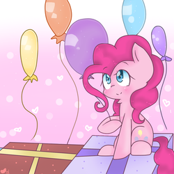 Size: 1000x1000 | Tagged: safe, artist:windymils, pinkie pie, earth pony, pony, g4, balloon, blushing, cute, diapinkes, female, gradient background, heart, mare, neck fluff, present, sitting, solo