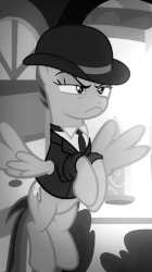 Size: 514x919 | Tagged: safe, screencap, rainbow dash, pegasus, pony, g4, season 9, sparkle's seven, animated, black and white, bowler hat, clothes, cropped, female, grayscale, hat, investigator dash, monochrome, noire, rainbow dash always dresses in style, solo